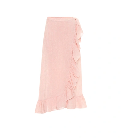 Lisa Marie Fernandez Ruffled Metallic Linen-blend Gauze Wrap Midi Skirt In Pink