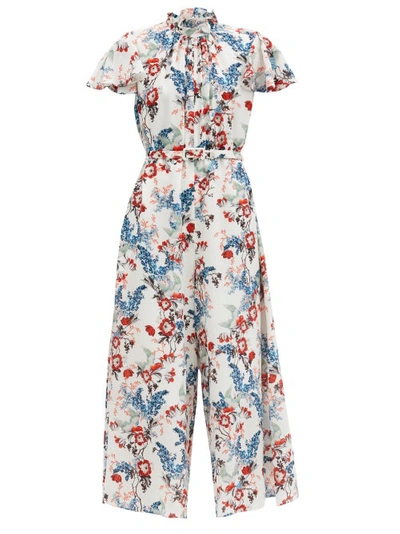 Erdem Ellamay Belted Bird Blossom-print Silk Jumpsuit In White Multi