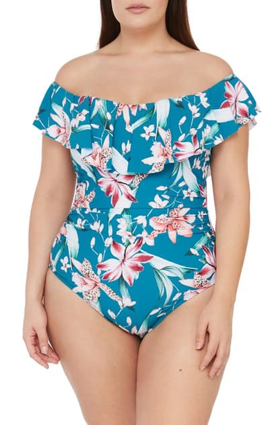 La Blanca Printed Ruffled Off-the-shoulder One Piece Swimsuit In Caribbean Current