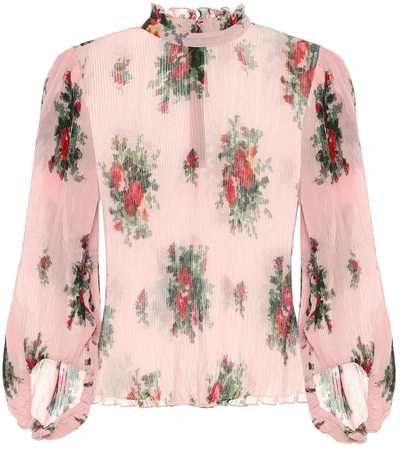 Ganni Plissé Floral-print Blouse In Cherry Blossom