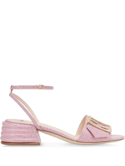 Fendi Embossed Calf Leather Baguette Sandals In Pink