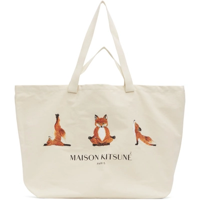 Maison Kitsuné Off-white Xxl 3 Yoga Foxes Tote In Ec Ecru