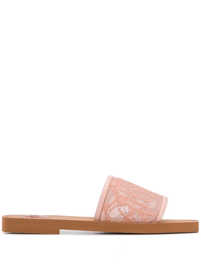 Chloé Woody Logo-lace And Leather Slides In Pink Tea