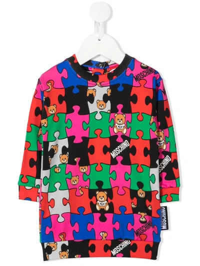 Moschino Multicolor Dress With Puzzle For Baby Girl In Pink