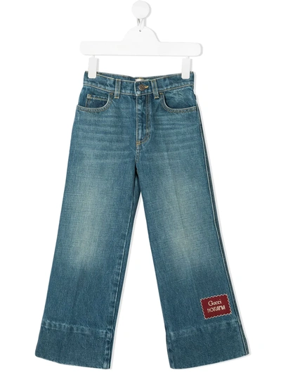 Gucci Kids' Flared Jeans In Cotton Denim With Logo In Blue