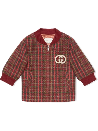 Gucci Baby Check Wool Jacket With Interlocking G In Red