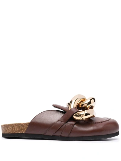 Jw Anderson Chain-embellished Leather Backless Loafers In Brown