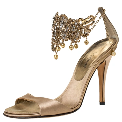 Pre-owned Dolce & Gabbana Beige Satin Crystal Embellished Ankle Strap Sandals Size 36