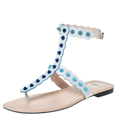 Pre-owned Fendi White Leather Studded Thong Flat Sandals Size 39