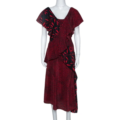 Pre-owned Diane Von Furstenberg Red Printed Silk Cross Over Ruffle Detail Midi Dress S