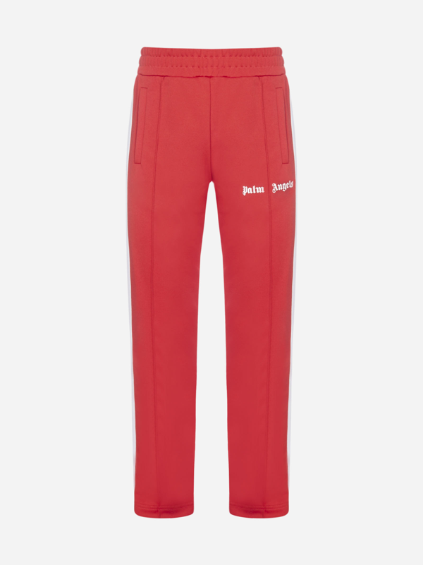 white track pants with red stripe