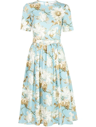 Oscar De La Renta Short Sleeve Belted Dress In Blue