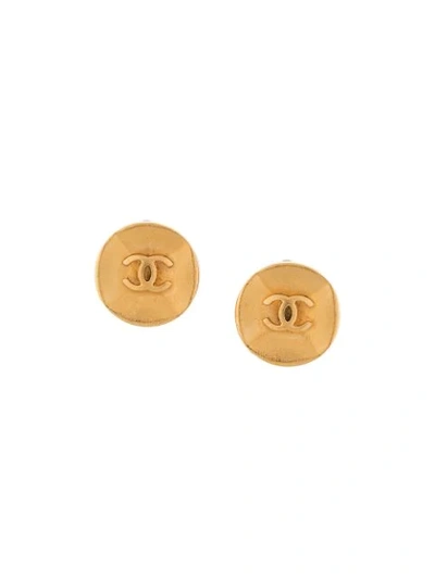 Pre-owned Chanel 1993 Cc Button Earrings In Gold