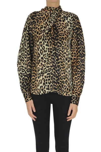 Ganni Tie-neck Draped Leopard-print Stretch-silk Satin Blouse In Beige
