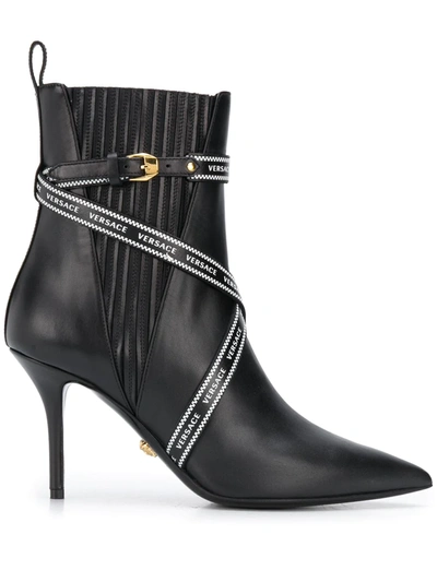 Versace Pointed Leather Boot Heels In Black