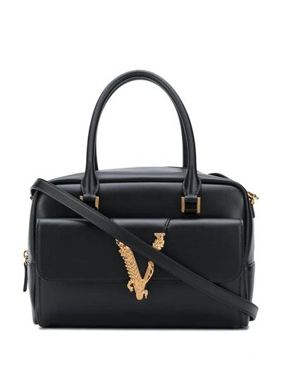 Versace Small Virtus Tote Bag In Black