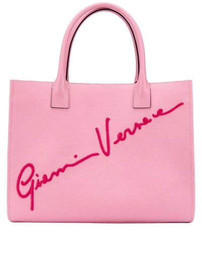 Versace Signature Embroidery Canvas Tote Bag In Pink