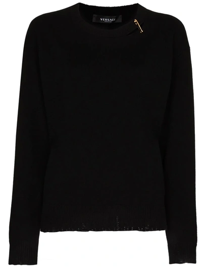 Versace Safety-pin Distresssed-effect Jumper In Black