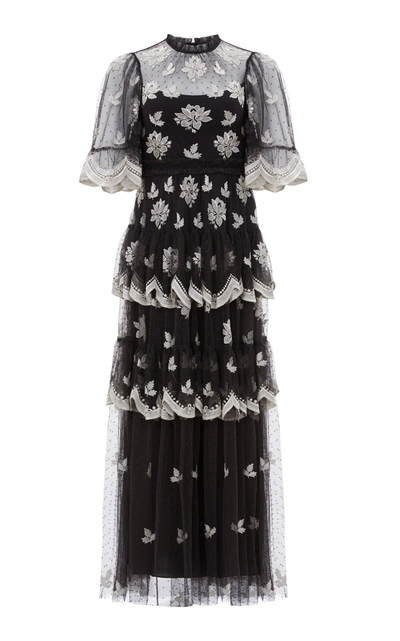 Needle & Thread Amber Petal Tiered Embroidered Swiss-dot Tulle Gown In Black