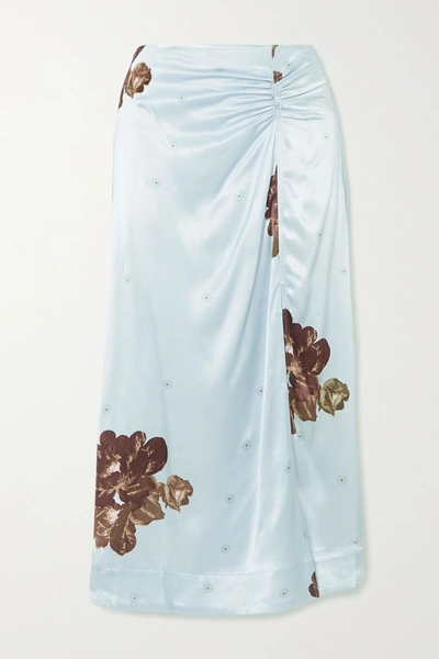 Ganni Floral-print Ruched Satin Midi Skirt In Light Blue