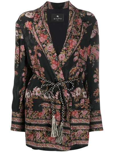 Etro Floral Print Tie Waist Blazer In Black