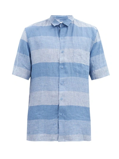 Sunspel Short-sleeved Checked Linen Shirt In Blue