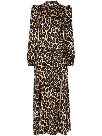 De La Vali Clara Gathered Leopard-print Satin Maxi Dress In Black