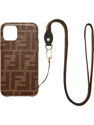 Fendi Canvas-trimmed Embossed Leather Iphone 11 Pro Case In Marron