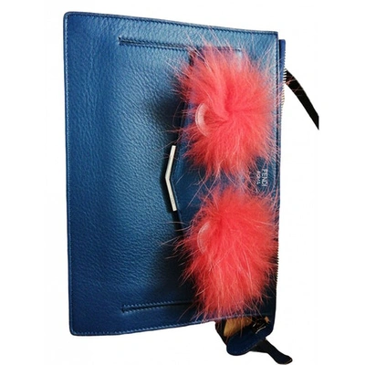 Pre-owned Fendi 2jours Leather Clutch Monster Bag In Blue