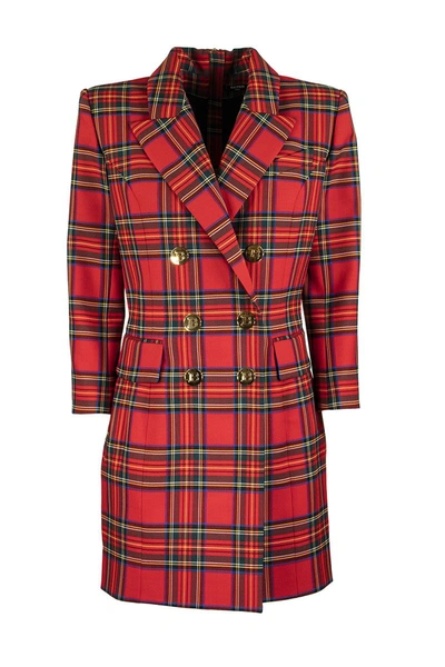 Balmain Short Dress In Red Plaid Wool With Long Sleeves
