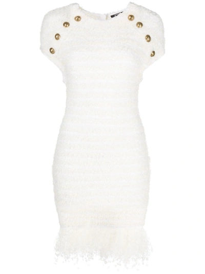 Balmain Fitted Tweed Dress In White
