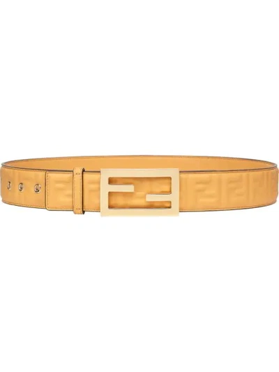Fendi Yellow Baguette Embossed Logo Leather Belt In Beige