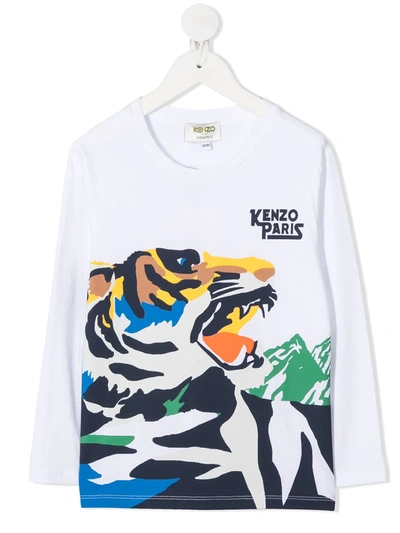 Kenzo Kids' Tiger Long-sleeved Cotton T-shirt In Optic White