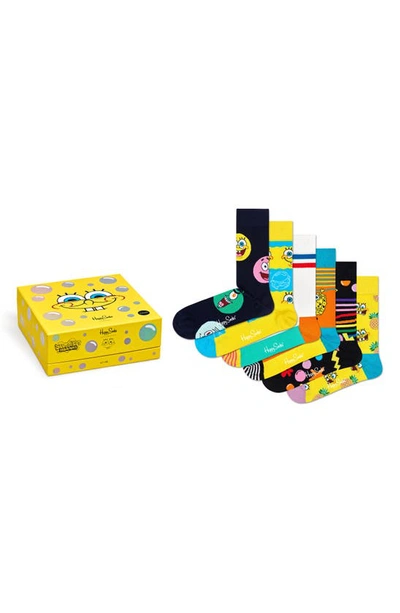 Happy Socks X Spongebob Assorted 6-pack Crew Socks Gift Box In Yellow Multi