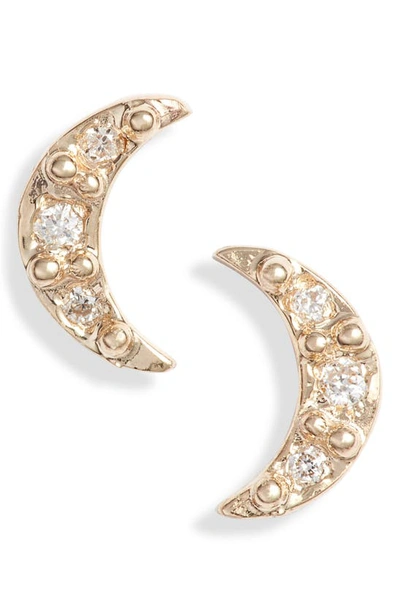 Anzie Mini Diamond Moon Stud Earrings In Gold/ Diamond