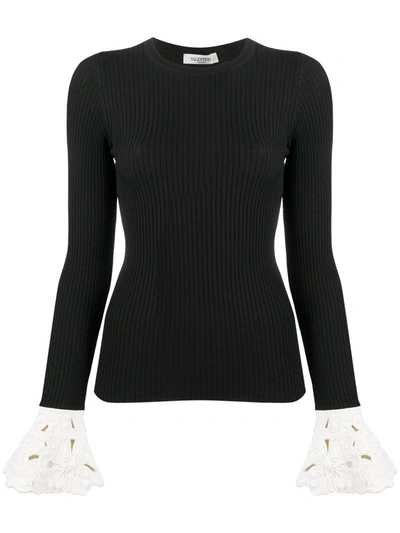 Valentino Jersey Contrast Ruffle Top In Black/ivory