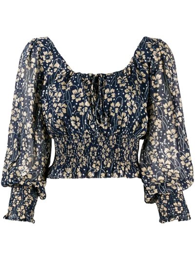 Rixo London Helena Smocked Silk Floral Blouse In Blue