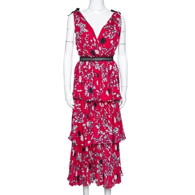 Pre-owned Self-portrait Hibiscus Red Floral Print Crepe Pleated Midi Dress L