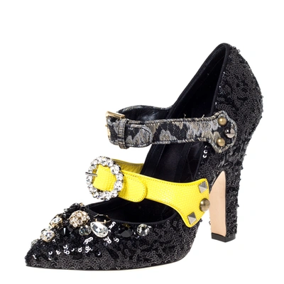 Pre-owned Dolce & Gabbana Black Sequins And Leather Embellished Mary Jane Pumps Size 40