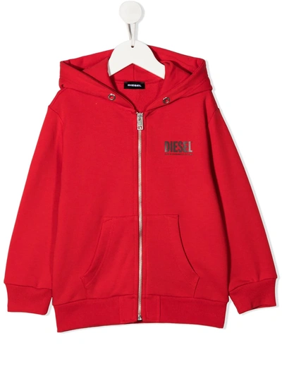 Diesel Kids' Logo Print Zipped Hooded Jacket In Red