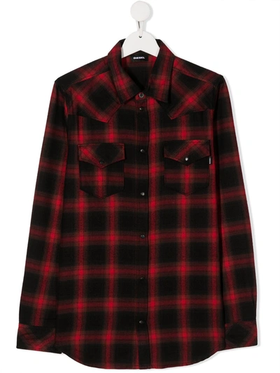 Diesel Teen Plaid Buttoned Shirt In Red