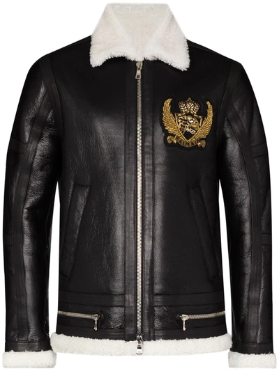 Balmain Shearling Trim Leather Biker Jacket In Black