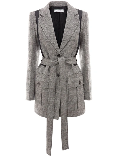 Jw Anderson Belted Twill-paneled Prince Of Wales Checked Wool-blend Blazer In Grey