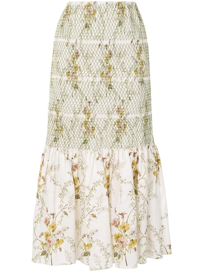 Brock Collection Shirred Floral-print Stretch-cotton Midi Skirt In Natural