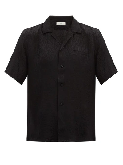 Saint Laurent Cuban-collar Leopard-jacquard Silk Shirt In Black