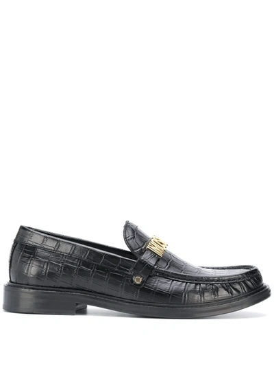Moschino 25mm Logo Croc Embossed Leather Loafers In Black