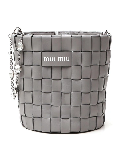 Miu Miu Woven Bucket Bag With Crystals In Nube