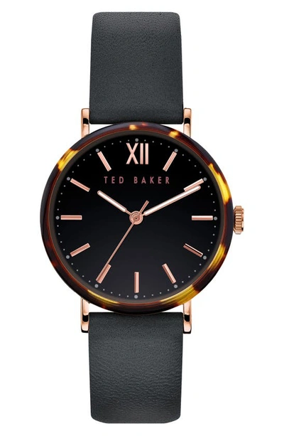 Ted Baker Phylipa Leather Strap Watch, 37mm In Black/ Tortoise