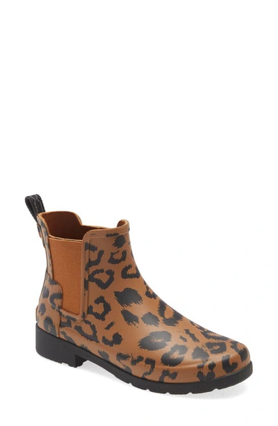 Hunter Original Leopard Print Refined Chelsea Waterproof Rain Boot In Thicket/ Black Rubber