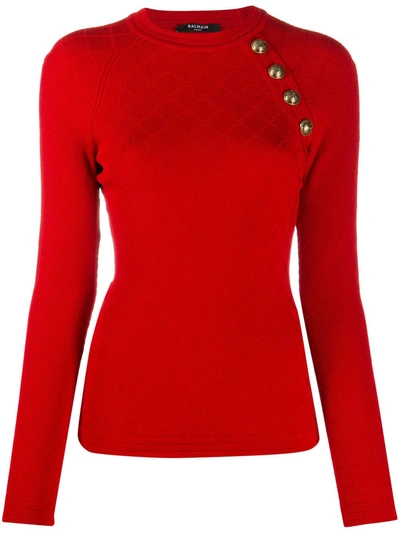 Balmain Button-detail Fine-knit Jumper In Red